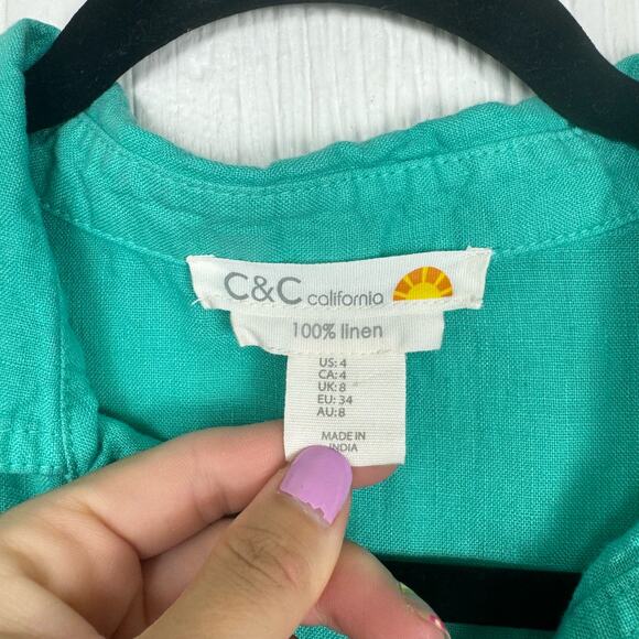 C&C California 100% Linen Dress Teal Green Preppy Size 4 Beachy Coastal - Picture 5 of 6